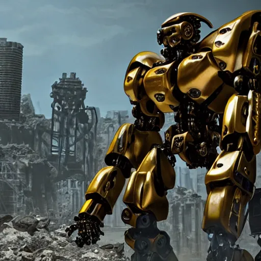 Image similar to a shiny ornate boxing humanoid mecha in ruin city, victory, punk style, by war robots, real steel ( 2 0 1 1 ), westworld and eve venture and pacific rim and machine warrior 5, cryengine, frostbite 3 engine, scarlet and yellow scheme, sharp focus, 8 k, high definition, insanely detailed, soft lighting, smooth face