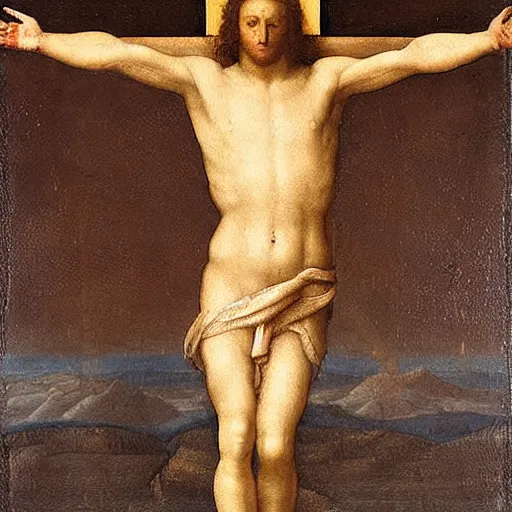 Prompt: Mark zuckerberg on the cross, painting by Leonardo da Vinci
