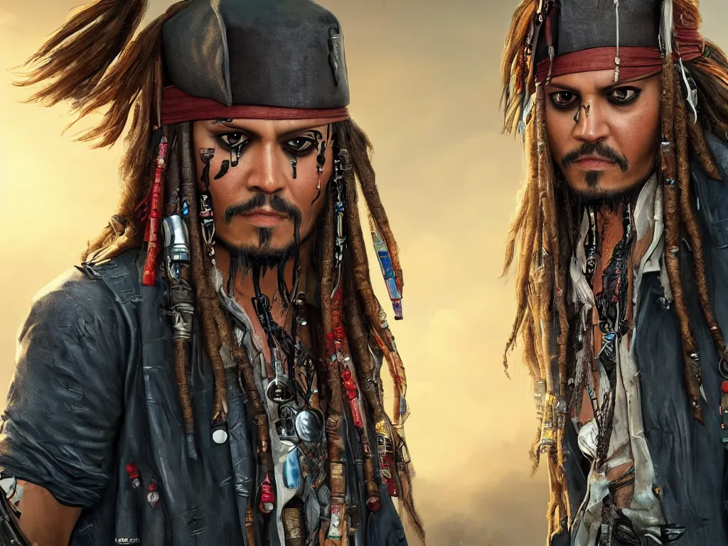 Image similar to jack sparrow in the game of cyberpunk 2 0 7 7, portrait, focus, 3 d illustration, sharp, intricate, poster