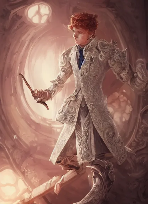 Prompt: a highly detailed illustration of short ginger haired man wearing white suit, dramatic holding ornate mechanical cane pose, intricate, elegant, highly detailed, centered, digital painting, artstation, concept art, smooth, sharp focus, league of legends concept art, WLOP