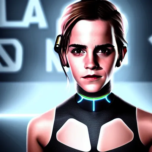 Image similar to Portrait of Emma Watson, cyberpunk style futuristic neon lights, artstation cgsociety masterpiece highly-detailed