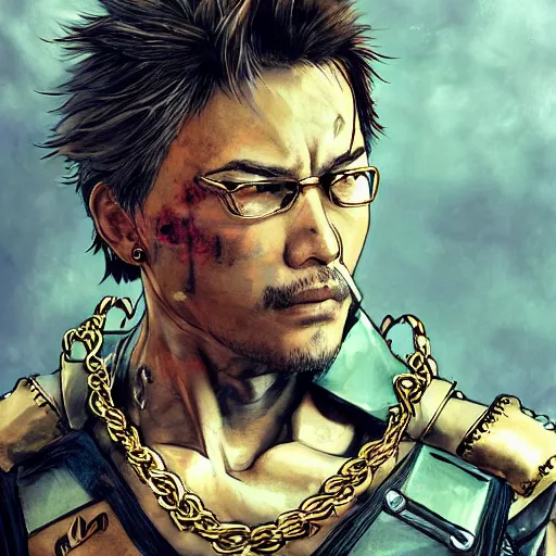 Image similar to portrait of a hero holding his sword in front of his face by yoji shinkawa, high quality, extra details, realism, ornate, colored, golden chain, blood, white skin, short hair, brown eyes, vivid, sunlight, dynamic, american man, freedom, heroism