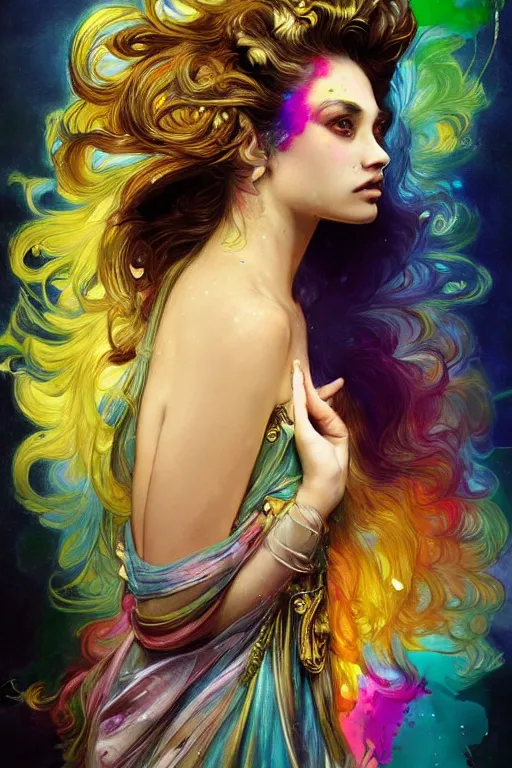 Image similar to modern portrait of triton, rainbow colours, splatter paint, dreamy and ethereal, golden ratio, peaceful expression, ornate frilly dress, fantasy, intricate, elegant, black background highly detailed, digital painting, artstation, concept art, smooth, b sharp focus, illustration, art by patrice murciano, artgerm and greg rutkowski and alphonse mucha