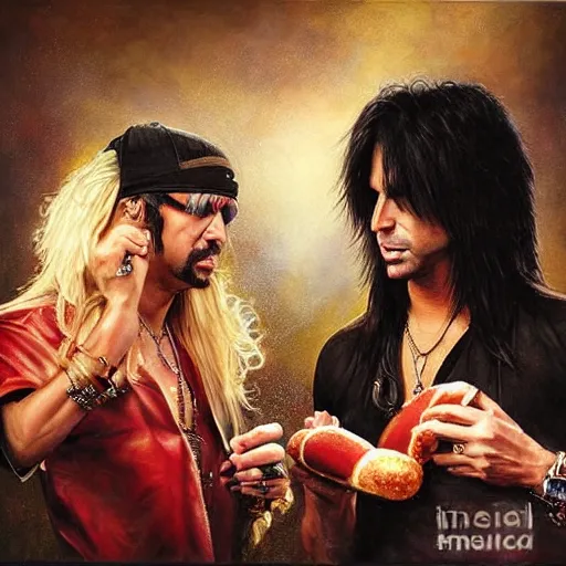 Image similar to portrait of brett michaels and criss angel sharing hotdogs, an oil painting by ross tran and thomas kincade