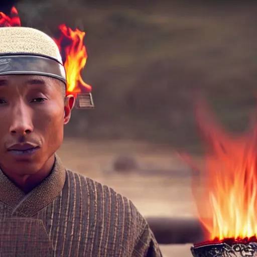 Image similar to cinematic film still Pharrell Williams starring as a Samurai holding fire, Japanese CGI, VFX, 2003, 40mm lens, shallow depth of field,film photography