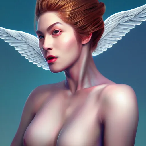 Image similar to 3 / 4 view of a portrait of a woman with wings with wings, confident pose, genshin impact, digital art,, concept art, smooth, sharp focus, illustration, trending on artstation, highly detailed, concept art, trevor carlton, trending on artstation, artgerm, anime imax 7 0 mm, h 6 4 0