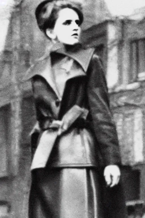 Image similar to photograph of soviet commissar, comrade emma watson, standing in a long leather coat, vintage revolution photograph, famous photo from kgb archives