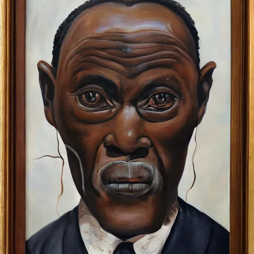 Prompt: a painting of a fatherly, aquiline nose wide forehead, round face, XXL , loving, caring, generous, ever-present, humble, wise elder from Kenya in a suit by Wangechi Mutu . Fatherly/daddy, focused, loving, leader, relaxed,. ethereal lights, details, smooth, sharp focus, illustration, realistic, cinematic, artstation, award winning, rgb , unreal engine, octane render, cinematic light, macro, depth of field, blur, red light and clouds from the back, highly detailed epic cinematic concept art CG render made in Maya, Blender and Photoshop, octane render, excellent composition, dynamic dramatic cinematic lighting, aesthetic, very inspirational, arthouse.