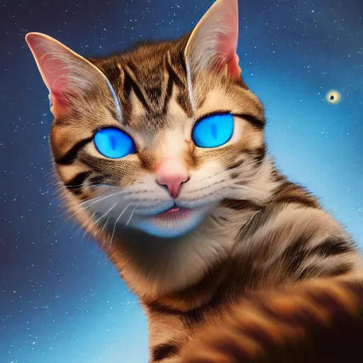 Prompt: A cat with beautiful blue eyes in a space suit jumping over the Saturn planet, digital illustration, concept art, 8k, trending on artstation, highly detailed