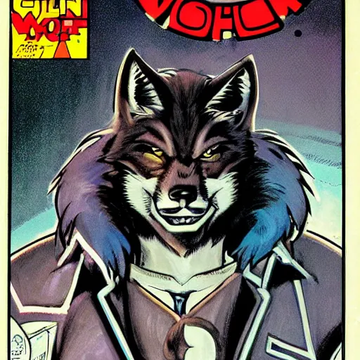 Image similar to 1 9 8 0 s comic book cover scan featuring a portrait of villain male wolf o'donnell anthropomorphic wolf furry fursona from starfox wearing a dark space mercenary uniform, dark grey wolf, handsome eyes, wolf o'donnell