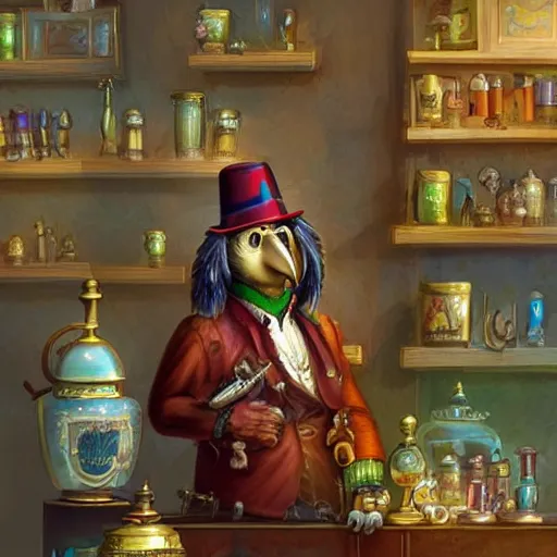 Image similar to Anthropomorphized parrot trader in his shop, selling his wares, portrait, items, gold, magic potions, carpet, window, sly expression , cunning expression, cute expression, long beak, presenting wares, holding a gold bag, D&D, fantasy, cinematic lighting, highly detailed, digital painting, artstation, concept art, smooth, sharp focus, illustration, warm light, cozy warm tint, magic the gathering artwork, volumetric lighting, 8k, art by Akihiko Yoshida, Greg Rutkowski