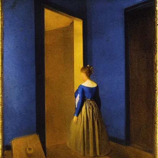 Prompt: a girl in a blue and gold haunted liminal room, film still by goya, subject by balthus, colors by pontormo, lights by hopper, extreme detail, liminal aesthetic, background art nouveau,