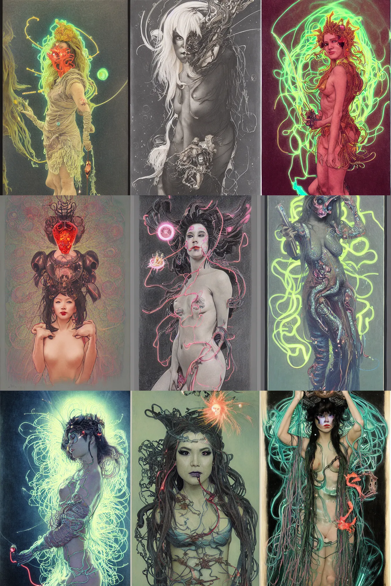 Prompt: gum bichromate print of awe-inspiring award-winning concept art full body face portrait painting of attractive anglerfish cyberpunk Ashley Liao in neon shrouds as the goddess of lasers, sparks, by Julie Bell, Jean Delville, Virgil Finlay, Alphonse Mucha, Ayami Kojima, Amano, Charlie Bowater, Karol Bak, Greg Hildebrandt, Jean Delville, Frank Frazetta, Peter Kemp, and Pierre Puvis de Chavannesa, extremely moody lighting, glowing light and shadow, atmospheric, shadowy, cinematic, 8K,