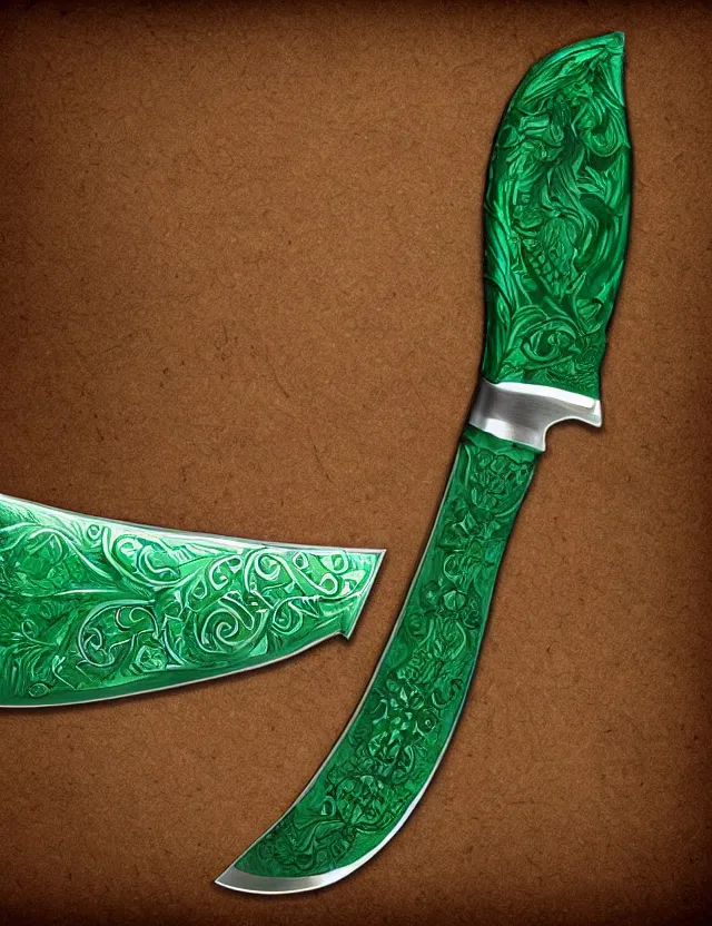 Prompt: ornate emerald butchery knife, fantasy illustration, medieval era, blank background, studio lighting, hand - drawn digital art