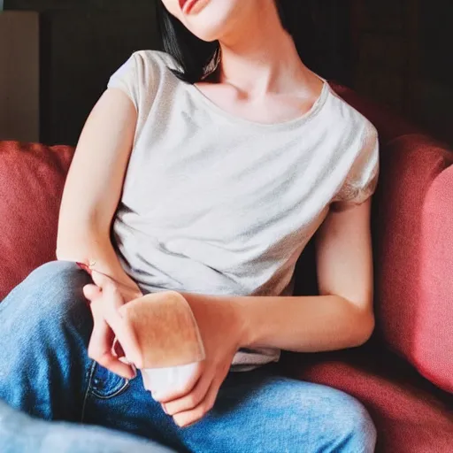 Prompt: selfie photograph of a cute thin young woman, red blush, wearing casual clothes, small smile, relaxing on a couch, cozy living room, medium shot, 8 k, trending on instagram, photorealist, trending on pinterest, portra 4 0 0