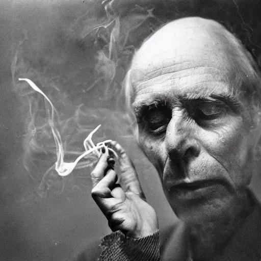 Prompt: photographic portrait of wrinkly sad max ernst dried melting flower with spiraling cigarette smoke, in fog