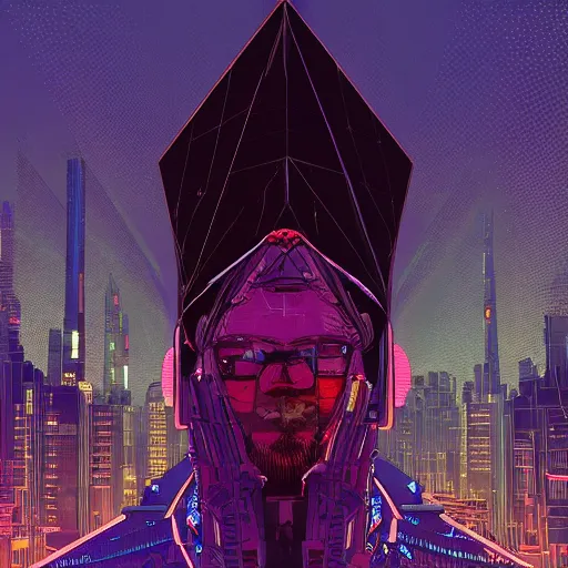 Image similar to stunningly intricate high angle close up of a cyberpunk explorer looking up at a floating triangular glowing monolith, highly detailed, midnight, by victo ngai and james gilleard, moebius, laurie greasley