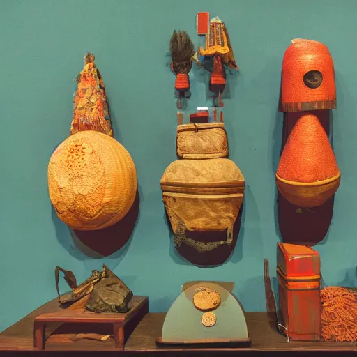 Prompt: A three color offset photography of single ethnographic object on display, anthropology of wonder, surrealism, exotic artifacts, colonial expedition, exhibition, 60s style