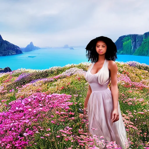 Prompt: a photograph of the most beautiful woman that has ever existed, surrounded by unique natural sightseeing accompanied by the most delicate flowers.