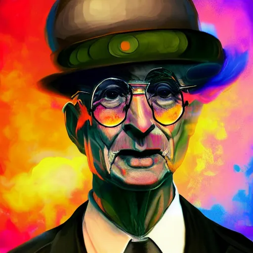 Image similar to Oppenheimer with hat made of colorful smoke, hazy, atmospheric, inspiring digital art, award winning, artstation,