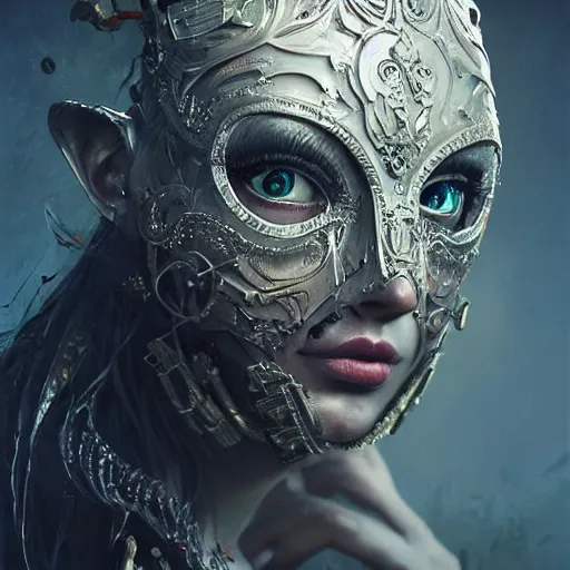 Image similar to Very very very very highly detailed epic central composition studio photography of face with venetian mask, intricate, dystopian, sci-fi, extremely detailed, digital painting, artstation, concept art, smooth, sharp focus, illustration, intimidating lighting, incredible art by Anna Dittmann and Jesper Ejsing and Anton Pieck