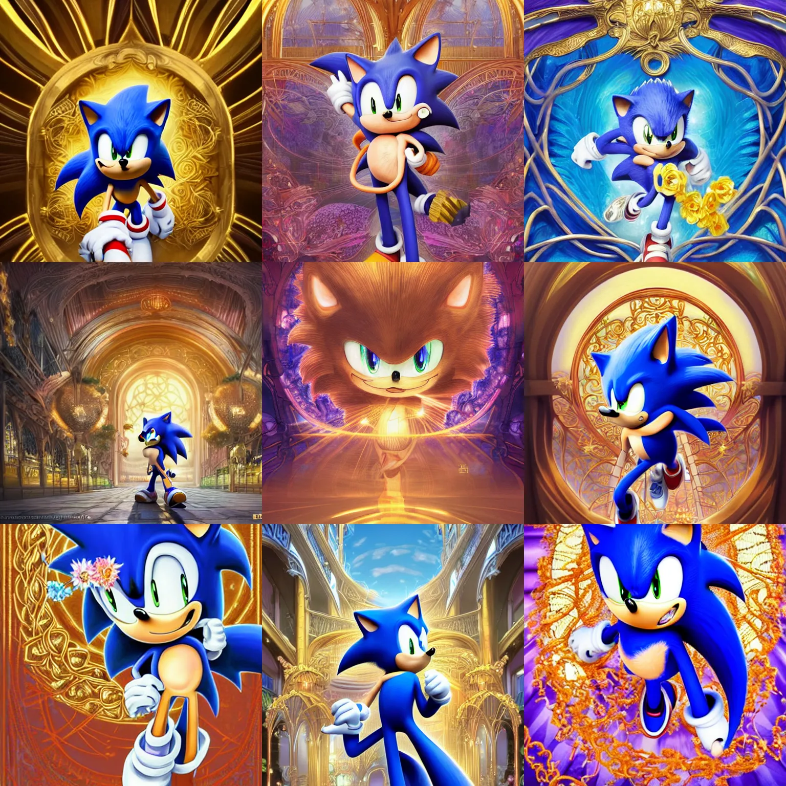 Prompt: a breathtaking detailed anime painting of sonic the hedgehog, pastel flowers petals and golden ribbons flying, art by pilyeon and yuumei art, symmetrical facial features, at dawn in front of a pristine golden art nouveau cathedral, elegant, volumetric lighting, highly detailed, artstation, concept art, matte, sharp focus