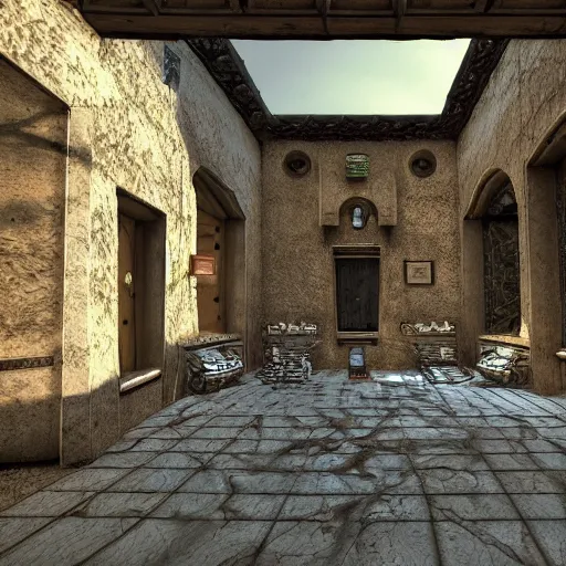 Prompt: Counter Strike, de_mirage, Salvador Dali, fisheye lens, unreal engine, 3d render, 4k