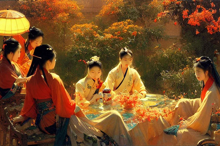 Image similar to wuxia, autumn, people drinking tea in garden, neon light, apricot flower falling, painting by gaston bussiere, craig mullins, j. c. leyendecker