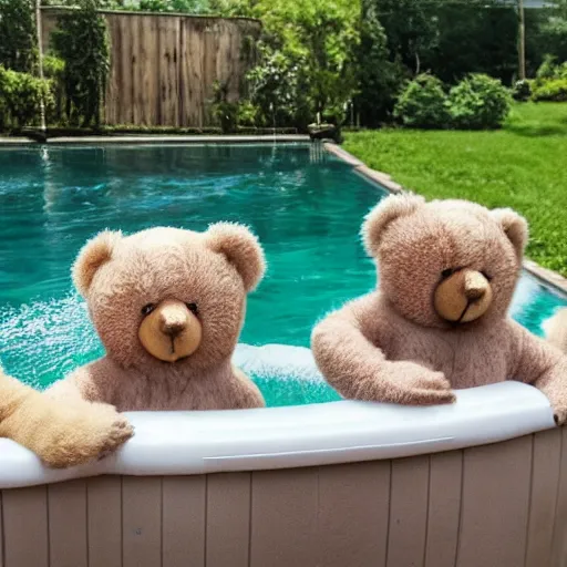 Prompt: teddy bears playing in the pool