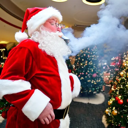 Image similar to a mall santa exhaling a large smoke cloud from his bong, award winning professional candid photography