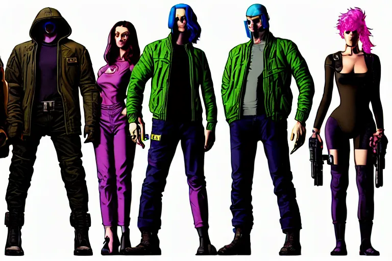 Image similar to cyberpunk heist crew. portrait by stonehouse and mœbius and will eisner and gil elvgren and pixar. character design. realistic proportions. dystopian. cyberpunk 2 0 7 7, apex, blade runner 2 0 4 9 concept art. cel shading. attractive face. thick lines. hi def 4 k. the team. detailed interesting characters. creative