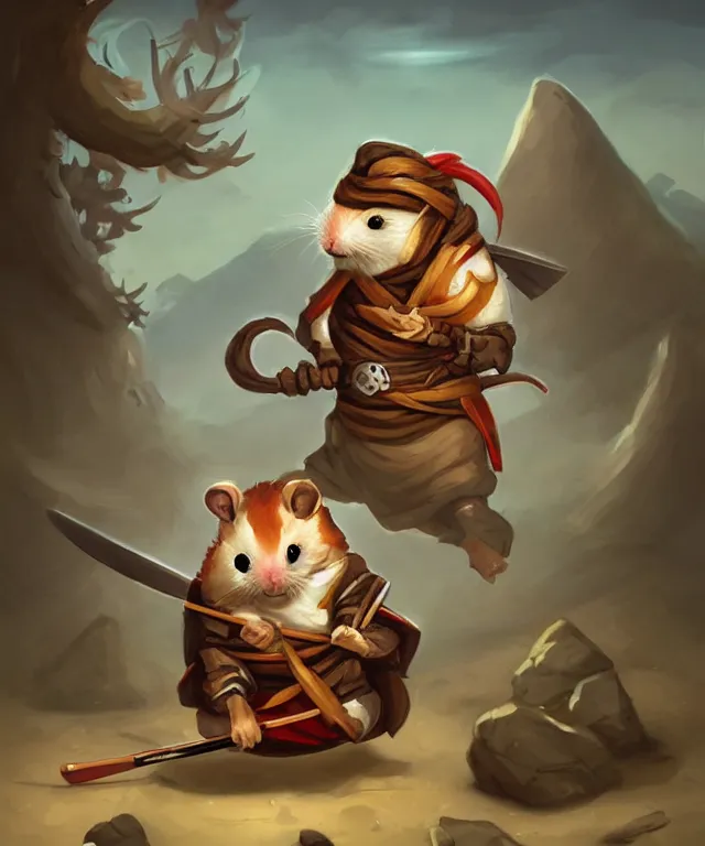 Image similar to anthropomorphic hamster ninja eating sushi, ninja outfit, two arms, standing in a beautiful landscape, cute and adorable, dnd character art portrait, matte fantasy painting, deviantart artstation, by jason felix by steve argyle by tyler jacobson by peter mohrbacher, cinematic lighting