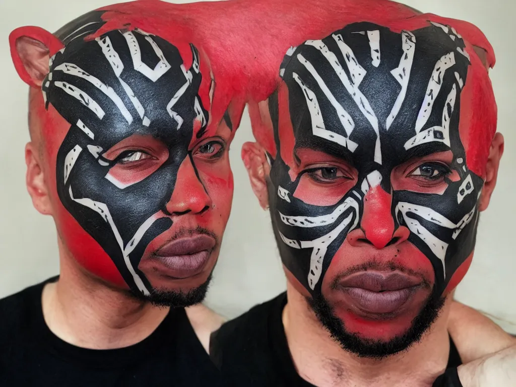 Image similar to wakanda forever, red black and white, ultraviolent, face tattoo