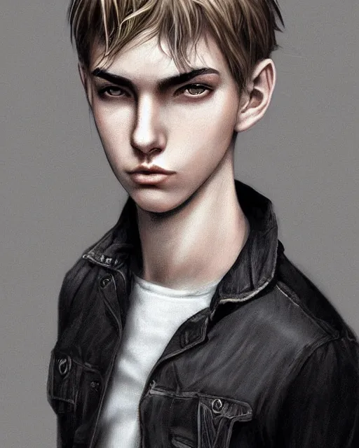 Image similar to portrait a 1 5 - year - old boy, with slender, white - blond hair, cold grey eyes, a pale complexion with sharp and pointed features, wearing black clothes, hyper realistic face, beautiful eyes, character art, art by mark brooks, hyperdetailed, cryengine, trending on artstation, digital art