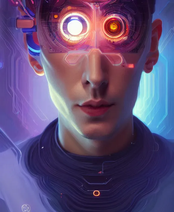 Prompt: a whirlwind inside the metaverse, guy, male, man, hologram, half body, neurochip, android, cyborg, cyberpunk face, by loish, d & d, fantasy, intricate, elegant, highly detailed, colorful, digital painting, artstation, concept art, art by artgerm and greg rutkowski and alphonse mucha