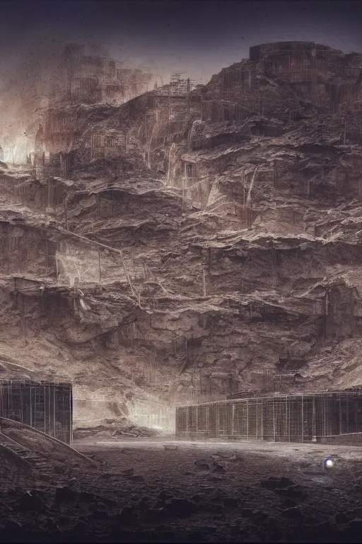 Image similar to industrial research lab brutalist arquitecture in a quarry in the middle of the desert of Mars planet at night dust storm concept art by yoshitaka amano and H.R. Giger, intricate detail, 8k, featured art