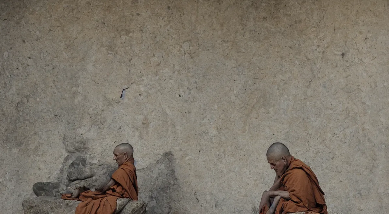 Image similar to a meditating monk sitting on a stone painted in the style of anderson debernardi