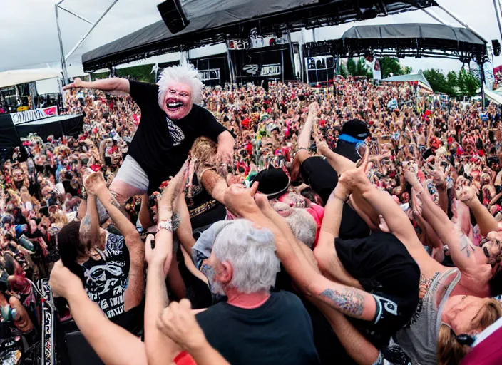 Image similar to photo still of rip taylor at vans warped tour!!!!!!!! at age 6 3 years old 6 3 years of age!!!!!!! stage diving at a crowd, 8 k, 8 5 mm f 1. 8, studio lighting, rim light, right side key light