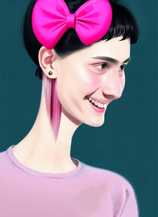 Image similar to portrait of high school girl, realistic, black hair, bangs, half updo hairstyle, pointy nose, skinny, smile, ugly, defined jawline, big chin, pink hair bow, earrings, intricate, elegant, glowing lights, highly detailed, digital painting, artstation, sharp focus, illustration, art by wlop, mars ravelo and greg rutkowski