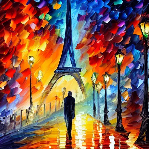 Image similar to knife - painting of a colorful and contrasted scenery, a cat walk on a roof in paris, the moon shine in the sky, the effeil tower is in the background, in the style of leonid afremov