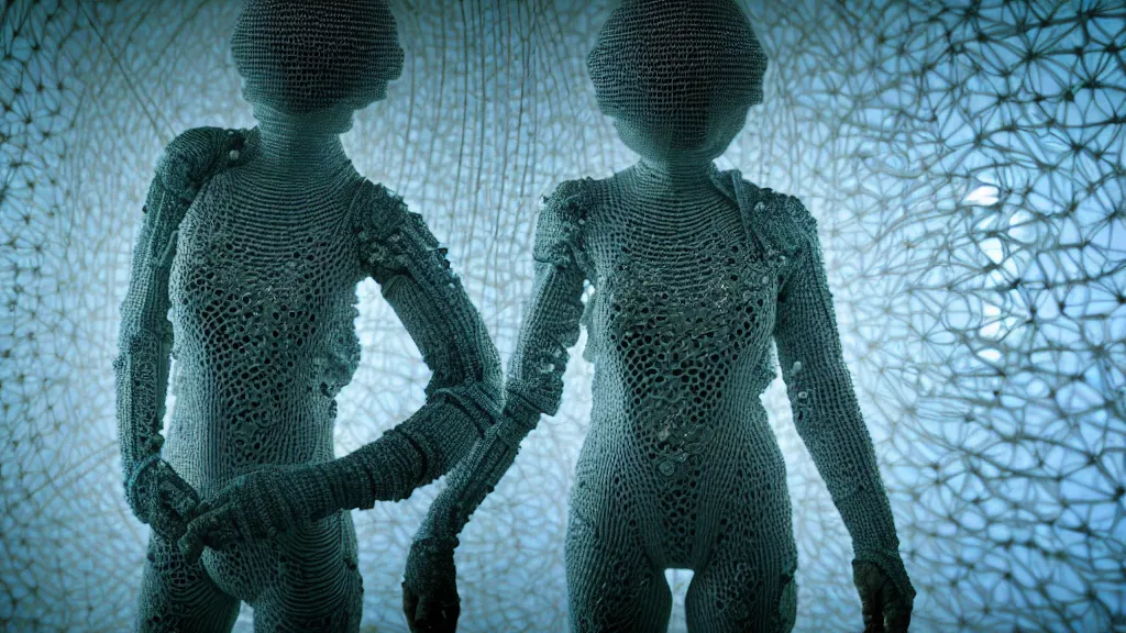 Image similar to a cybernetic symbiosis of a single astronaut eva suit made of wearing knitted yarn thread infected with diamond 3d fractal lace iridescent bubble 3d skin covered with insectoid compound eye camera lenses floats through the living room, film still from the movie directed by Denis Villeneuve with art direction by Salvador Dalí, wide lens,