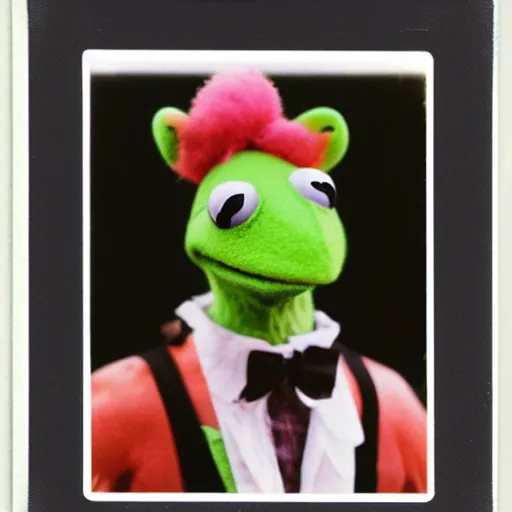 Prompt: Kermit the frog wearing a mohawk, polaroid photo, instax, white frame, by Warhol,