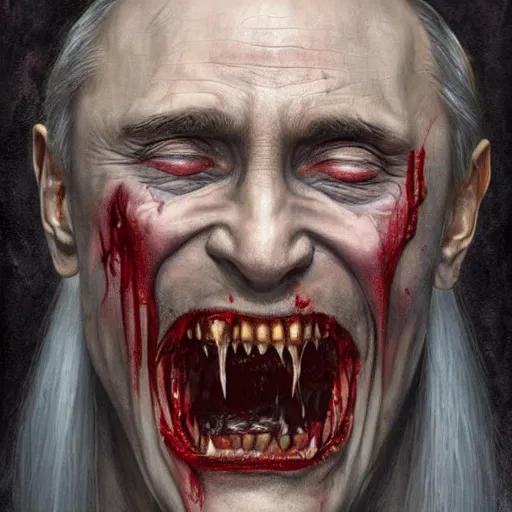 Image similar to vladimir putin, is vampire, vampire fangs, bloody horror, macabre by donato giancola and greg rutkowski and wayne barlow and zdzisław beksinski, realistic face, digital art