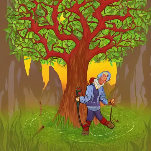Image similar to a sorcerer holding secateurs in hand, preparing to cut a magic tree with its sap to summon a powerful being to aid them in their work, digital art