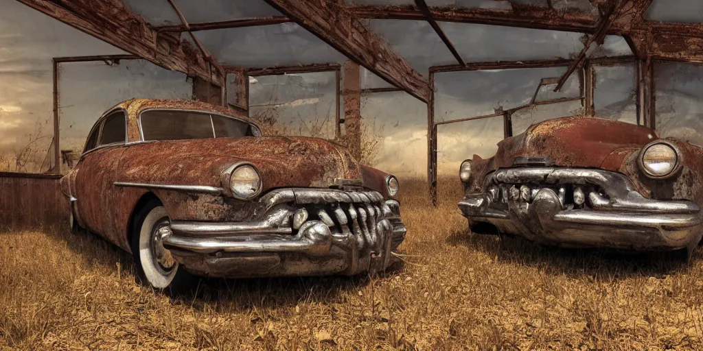 Prompt: Photograph of an abandoned rusty 1950's Buick in a barn, covered with cobweb and dust, crepuscular rays, realistic octane render, 8k, ultra detailed, concept art