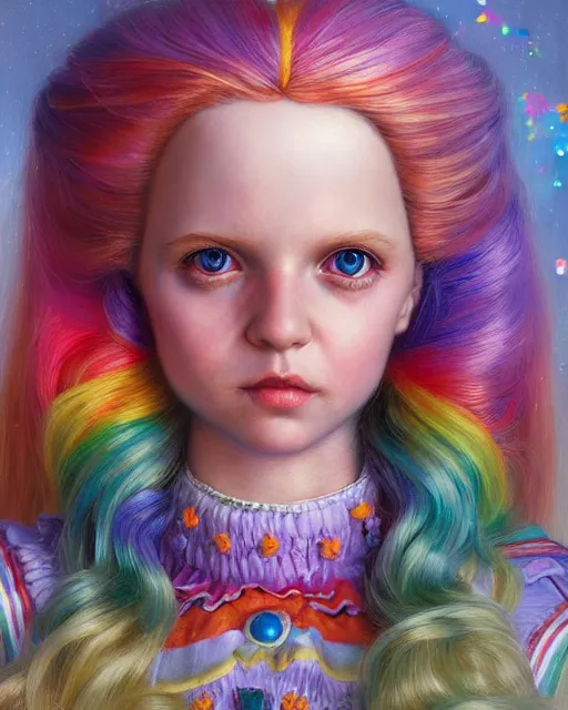 Image similar to doll rainbow brite portrait | highly detailed | very intricate | symmetrical | whimsical and magical | soft cinematic lighting | award - winning | closeup portrait | painted by donato giancola and mandy jurgens and charlie bowater | pastel color palette | featured on artstation