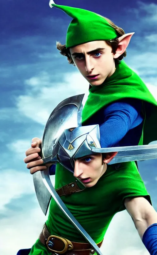 Image similar to super super super epic cinematic shot of Timothee Chalamet starring as Link from Legend of Zelda, 8k movie scene, elf ears, long blonde blonde hair, green clothes, blue eyes, ++++++ super super super dynamic action posing, super serious facial expression, holding a sword & shield, ocarina of time movie, concept photos, dynamic lighting, dynamic shaders, night time, in the forest, fairy light above him, amazing quality, magical forest