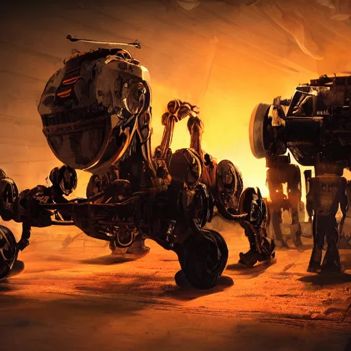 Image similar to wheelbarrow mecha, dark messy smoke - filled cluttered workshop, dark, dramatic lighting, orange tint, sparks, cinematic, highly detailed, sci - fi, futuristic, movie still