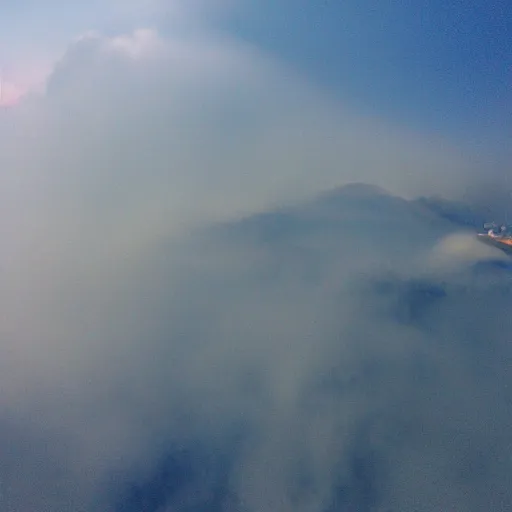 Prompt: the luck dragon flying through a smog cloud over los angeles