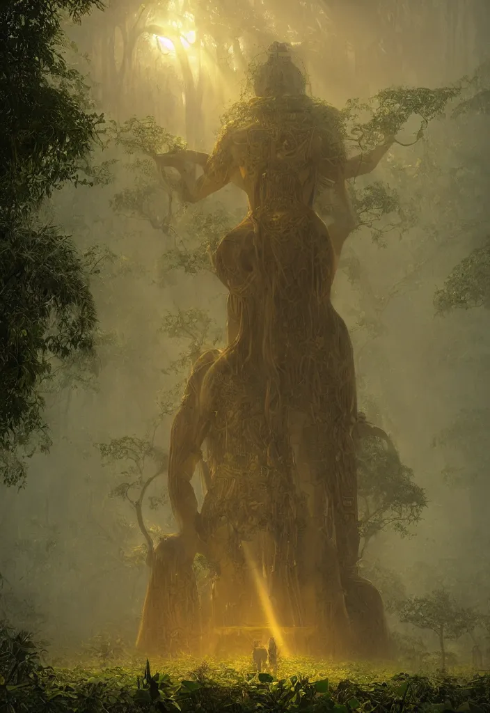 Prompt: an giant ancient golden statue of egyptian god of the sun in a strange mystical jungle surrounded by mist, accurate to egyptian tradition, aged and overgrowth of vines, symmetrical statue, small human in foreground, light rays breaking through tree canopy, dynamic lighting, emotional, hyper detailed, art by christophe vacher